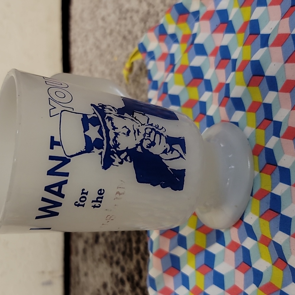 Anchor Hocking Uncle Sam Milk Glass cup "I Want you for the US Army"